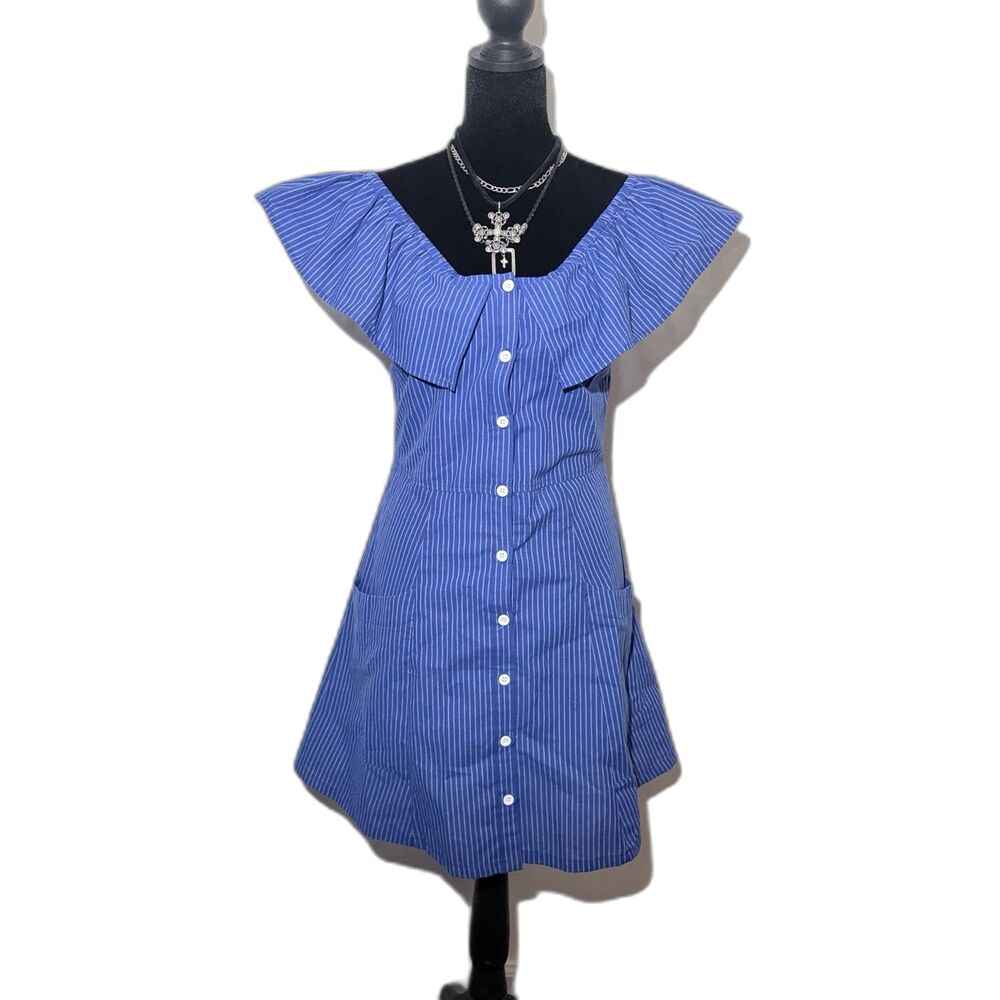 Allison & Kelly Women’s Large Blue Striped Button Front Flutter Sleeve Dress